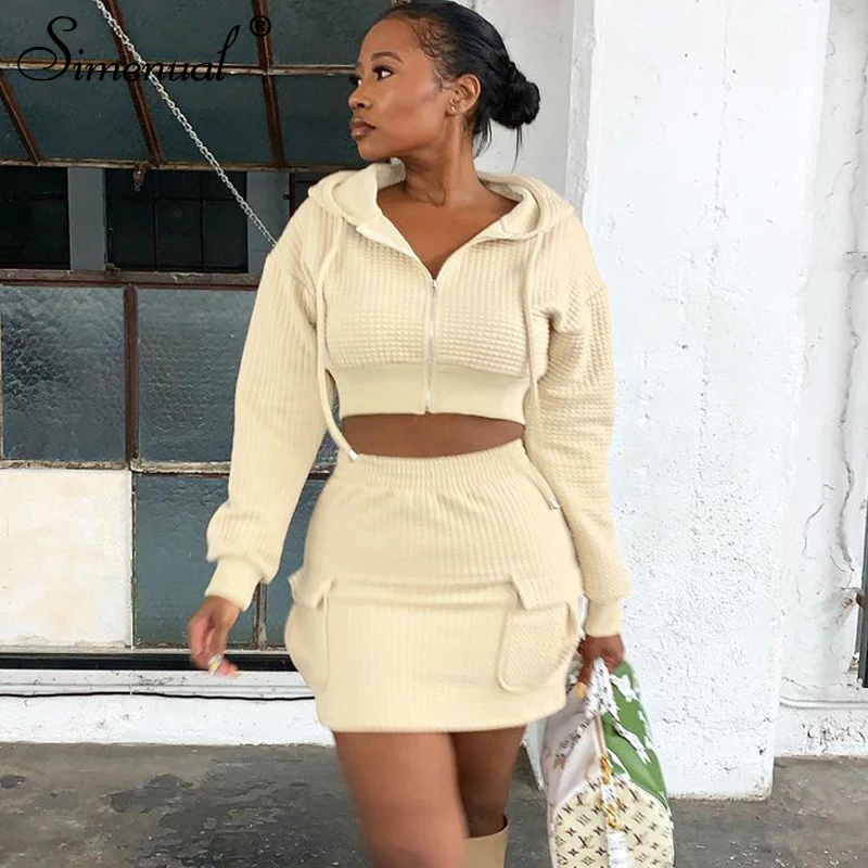Simenual толстовка на молнии и мини-юбка комплекты для женщин с длинными рукавами