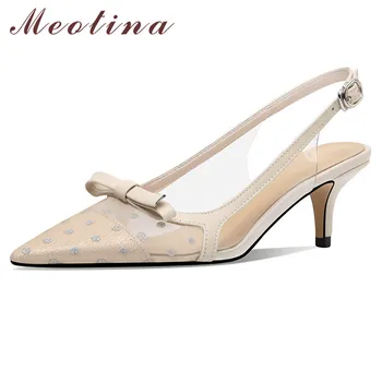 

Meotina Shoes Women Bow Patent Leather High Heel Cutouts Sandals Pointed Toe Thin Heels Transparent Buckle Ladies Sandals Beige