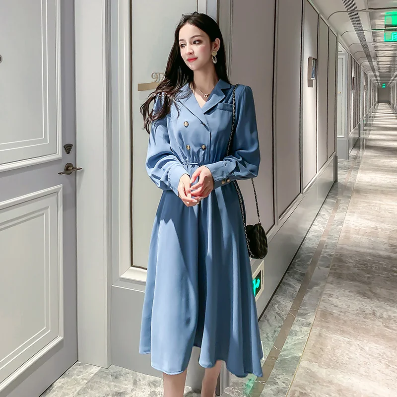 

Ladies Elegant A-line Long Dress New Autumn Fashion England Style Double Pocket Elastic High Waist Women Party Dresses S029