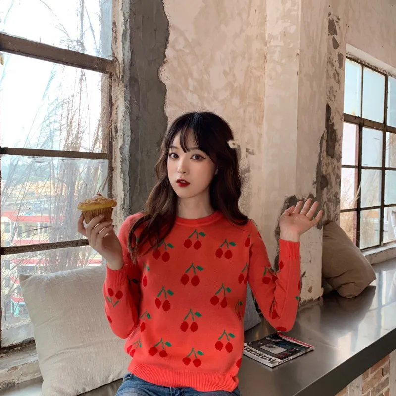 New Women Cherry Vintage Pullover Sweater Long Sleeve Female Knitted Jumper Autumn Oversize Casual Ladies overalls Fashion | Женская