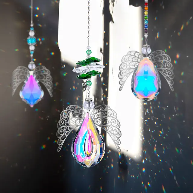 H&D 63 Mm Juharlevél Kristálygömb Prizmák Suncatcher Angel Wings Ablak Függő Medál Dísz Szivárványkészítő Otthoni Dekoráció - Image 6