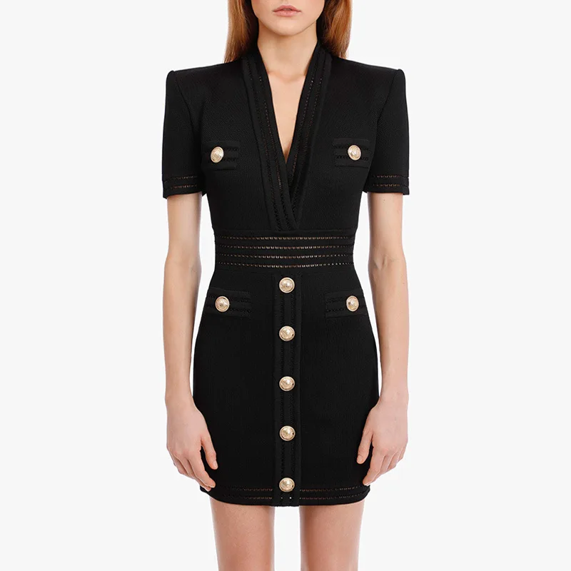 

New Runway Design 2020 Summer Sheath Knit Dress V-neck Short Sleeve Black Hole Mini Casual Quality Straight Elastic Dress