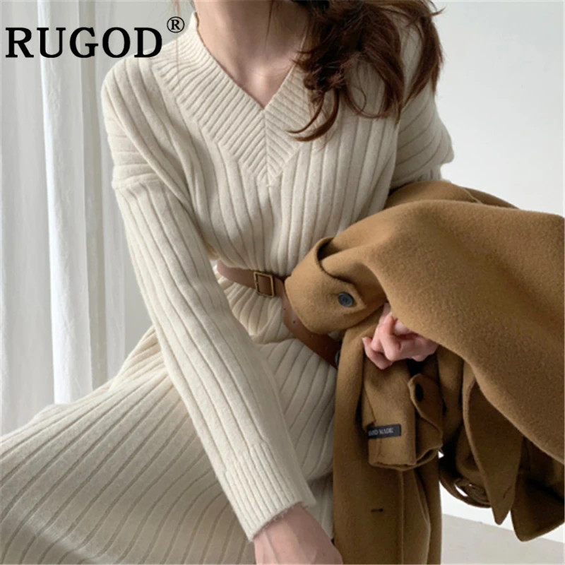RUGOD, женское платье-свитер, винтажное, одноцветное, v-образный вырез, рукав летучая мышь, свободное, вязаное платье, женское,, Корея, Осень-зима, теплая вязаная одежда
