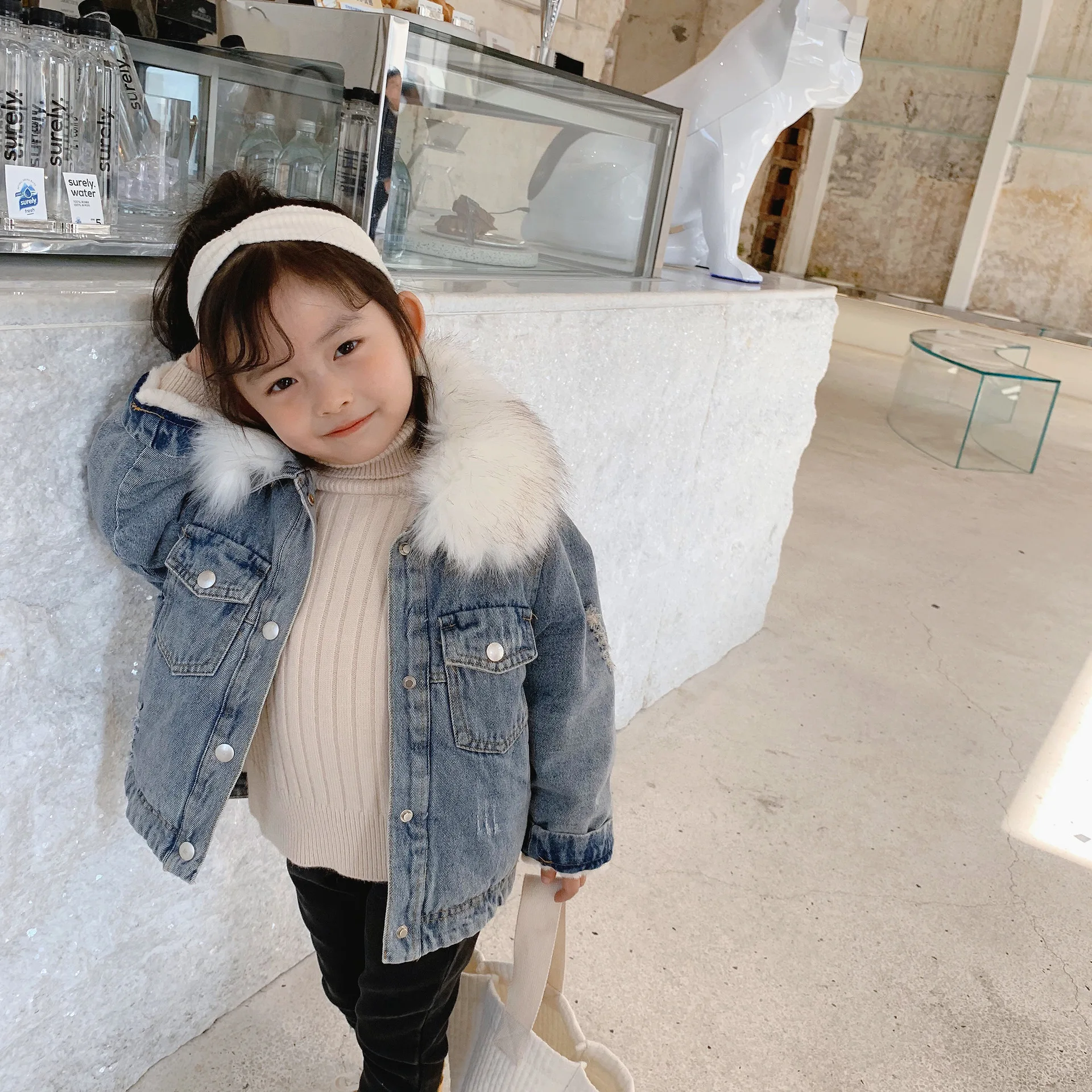 

Winter New Arrival korean style all-match denim jacket thickened inside fur with fur collar coat for fashion cute baby girls