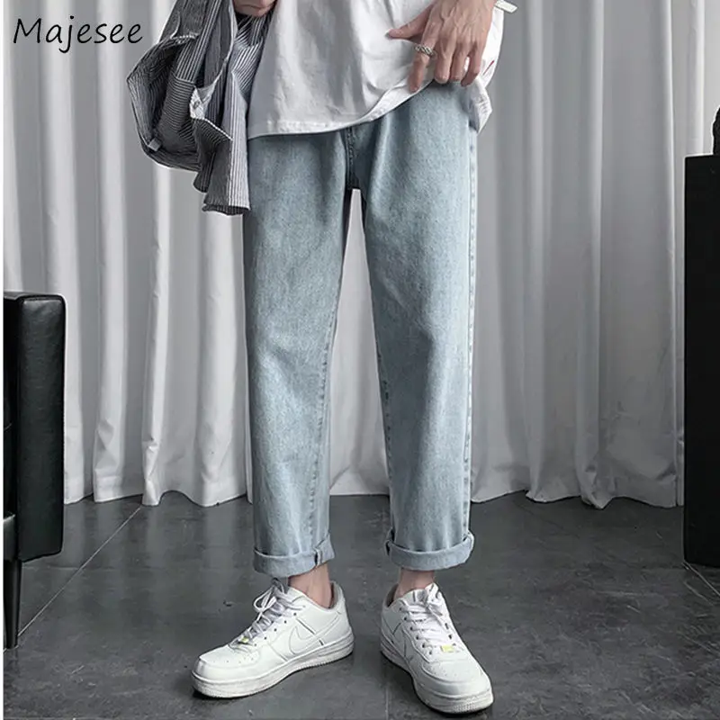 Pantalones vaqueros azules a la altura del tobillo para hombre, Jeans lisos de talla grande 3XL para primavera, Chic, para ocio, combina con todo, estilo coreano, adolescentes, Bf, Ulzzang