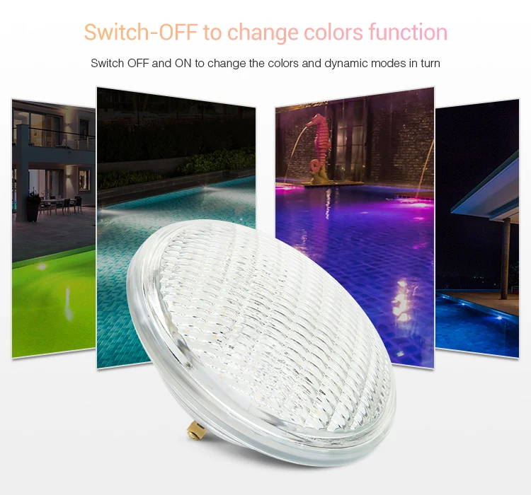 PW02 Miboxer 18W RGB+CCT Underwater led Lamp PAR56 LED Pool Light Waterproof IP68 433MHz RF Control AC12V / DC12~24V Glass Cover2. Support Smart Phone APP control and third party voice control transom lights for boats