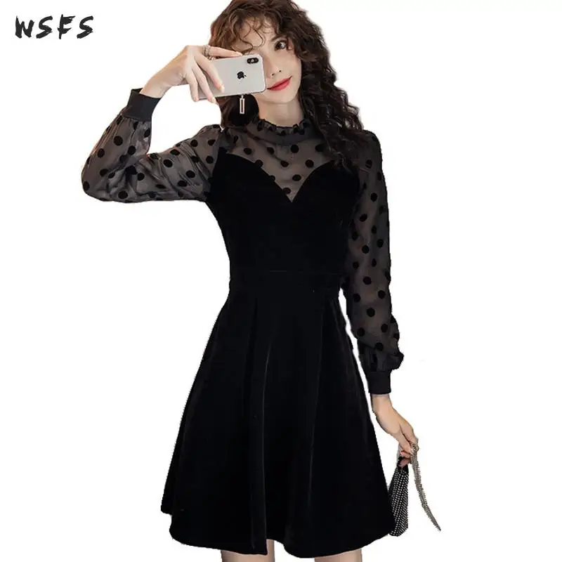 

Autumn Dress Oneck Mesh Dot Sleeve Velvet Black Bodycon Bandage Women Dresses Vintage Elegant Party Sexy Lady Mini Aline Clothes