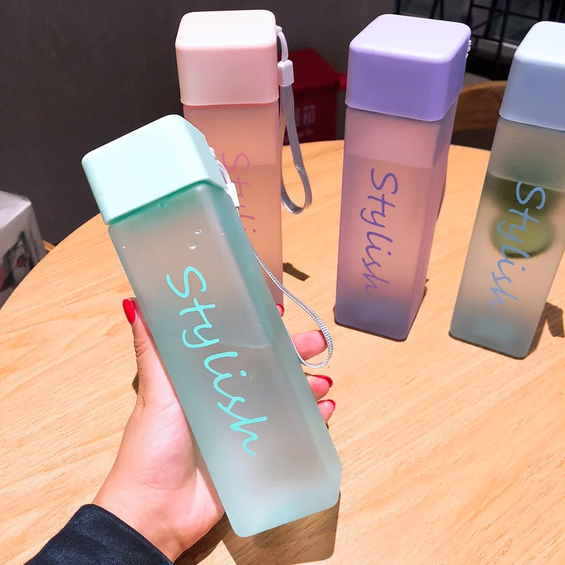

450ml Square Plastic Water Bottle Matte Sports Portable Transparent Water Bottles juice Drink Women with Rope Water Cup Hot Sale