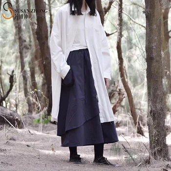

Women Shirts Female Blouses Tops Long Sleeve Norm Core Minimalist Solid Gown Long Cotton Japanese Style Autumn Slit