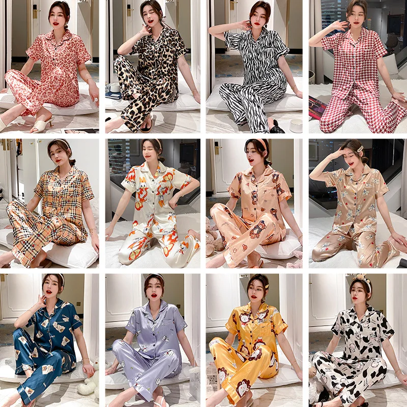 

Пижама с коротким рукавом, Осенний Шелковый костюм с длинным рукавом и брюками, модный пижамный комплект с принтом
