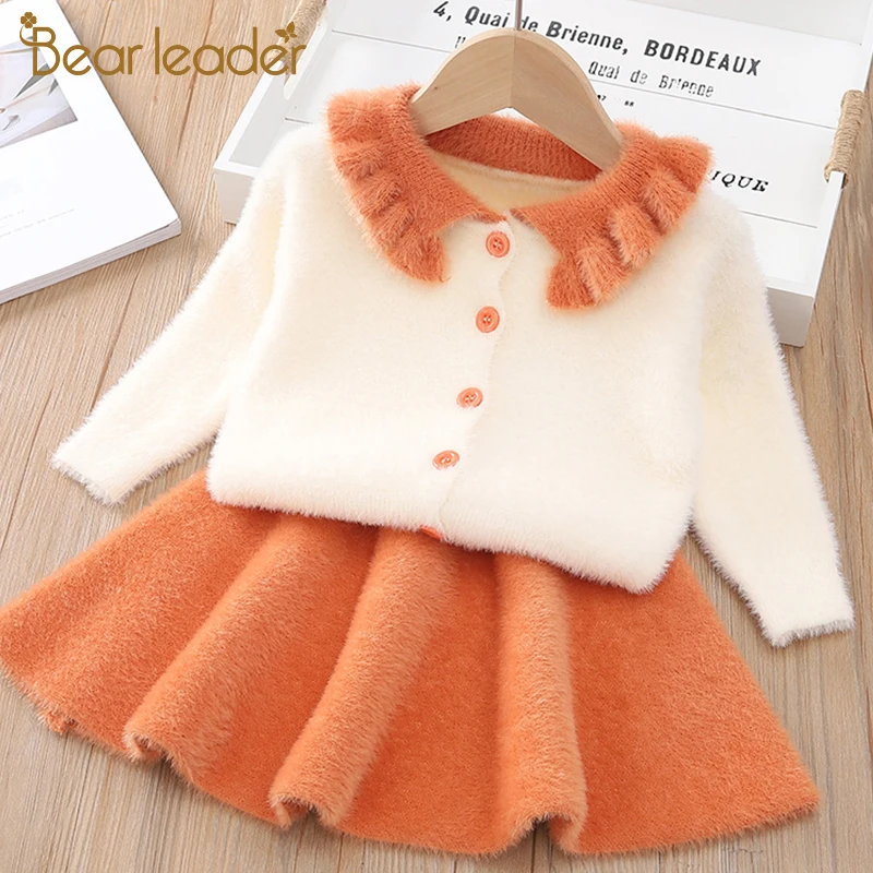 Bear Leader/нарядное платье для девочек новые зимние детские платья для девочек трикотажная детская одежда с длинными рукавами милый фруктовый узор, Vestido, 2 шт