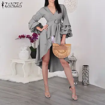 

Fashion Women Plaid Checked Blouse ZANZEA Spring V Neck Puff Sleeve Asymmetric Shirt Ladies Elegant Work Blusas Robe Top Vestido