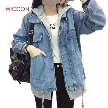 

Fashion Patchwork Hooded Denim Jackets Women 2018 Autumn Winter jeans Hoodies Outerwear Loose Casual Coats Female Streetwear