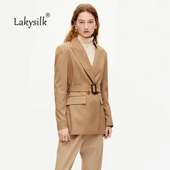 

2020 New Brand Women Khaki Blazers Long Sleeve Single Button Notched Suits with Pocket Office Ladies Solid Belt Coat Female