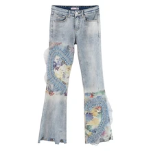 Весна осень повседневные Модные женские стрейч кружева с цветочными рисунками Стразы печатные расклешенные джинсы, джинсовые брюки для женщин