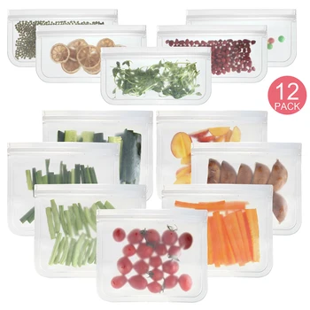 

PEVA Food Storage Bags Set of 12 BPA-Free Small and Large Sizes Airtight Reusable Food Bags