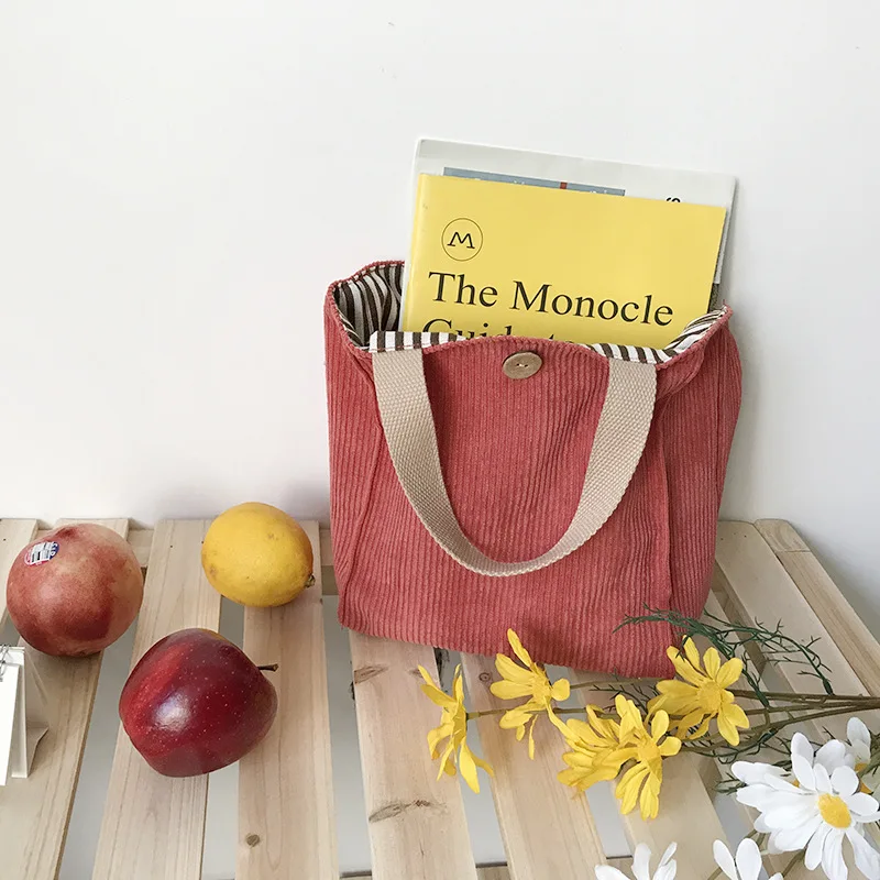 Lunch Bag Corduroy Canvas Lunch Box Picnic Tote Cotton Cloth Small Handbag Pouch Dinner Container Food Storage Bags For Ladies lunch bag