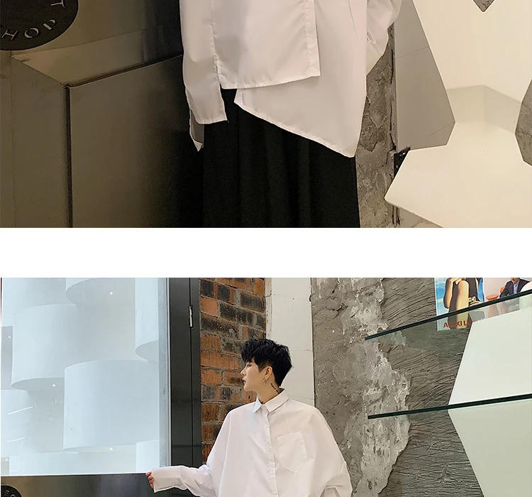 Men Long Sleeve Asymmetric Design Loose Black White Shirt Male Japan Streetwear Hip Hop Gothic Casual Shirts