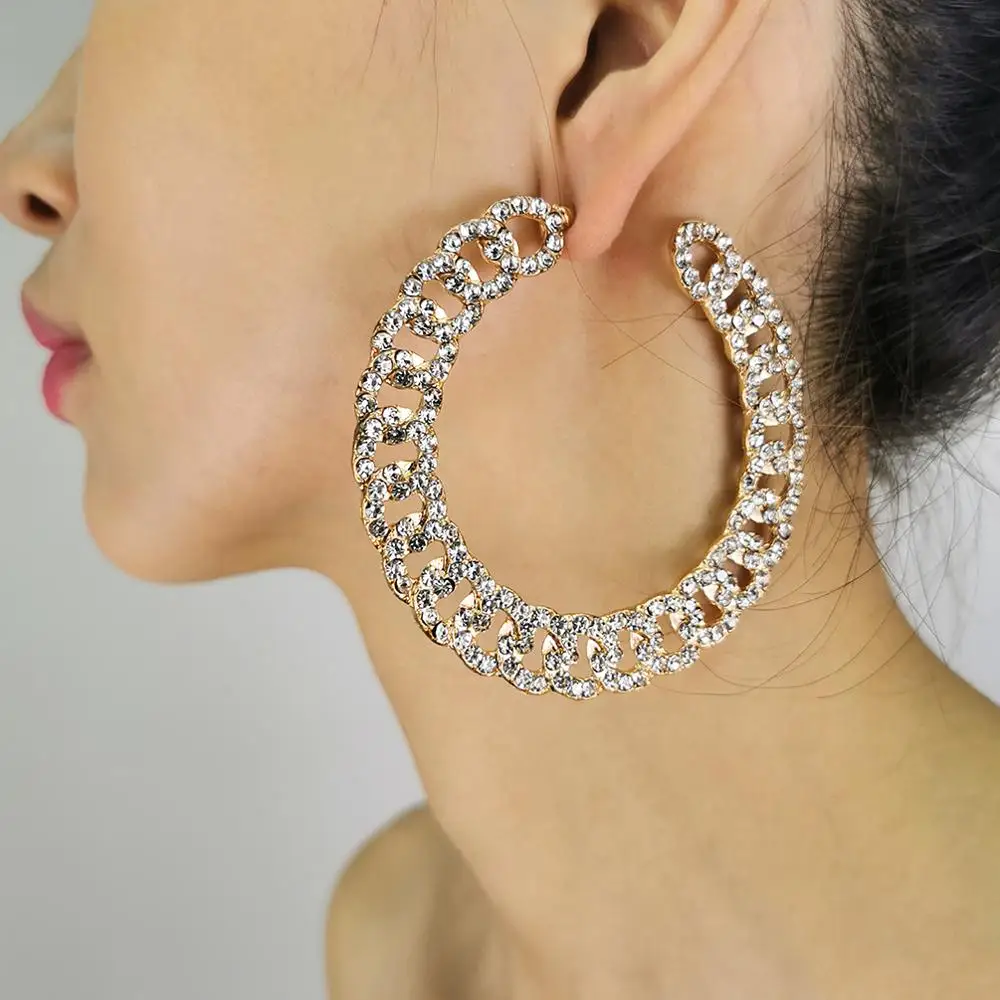 Rhinestone Hoops Statement Earring Chain Rhinestones Earrings Women