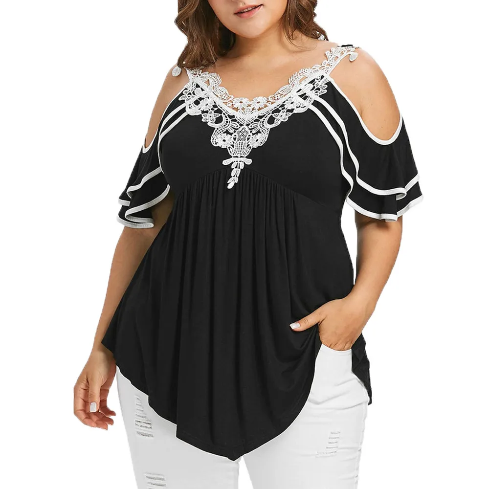 

Plus Size 5XL Summer Womens Tops and Blouses Tunic Lace Patchwork Cold Shoulder Cross Tee Shirts Half Sleeve Women Clothes