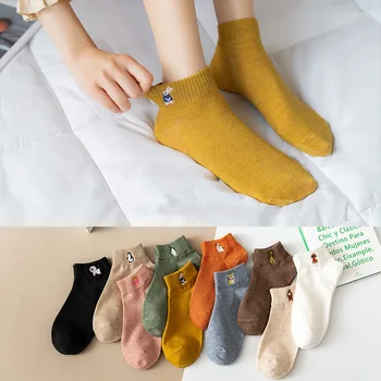 

Woman Socks Fashion Short Embroidery Sock Cartoon Happy Cute Kawaii Calcetines Mujer Korean Style Women Socks Pack 5 Pair Set