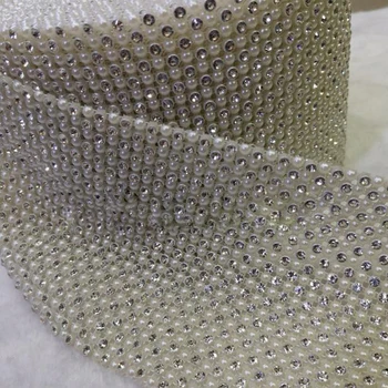 

(10 yard/lot) 24 Rows Plastic Pearl Mesh with Bling Clear Glass Rhinestone Trim For Clothes Crafts Wedding Dresses
