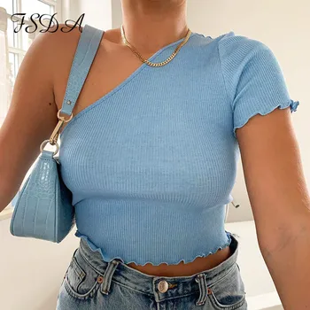

FSDA Summer Cute One Shoulder Crop Top Women 2020 Ruffles Blue Sexy T Shirt Basic Short Sleeve Casual Shirt Tops Ladies Clothes