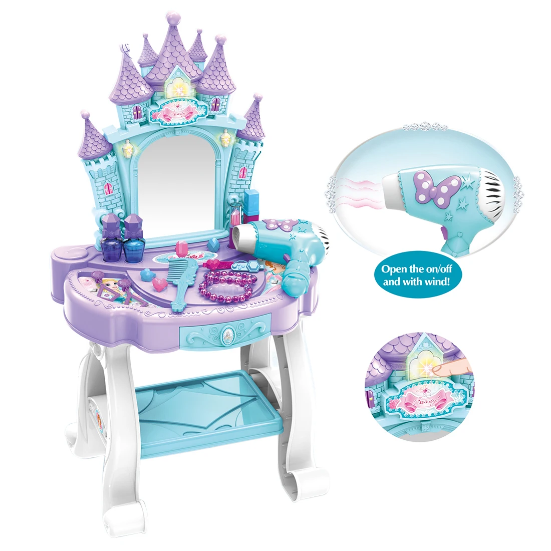 

17Pcs Children Pretend Play Romantic Castle Dressing Table Toy With Light And Sound - Blue