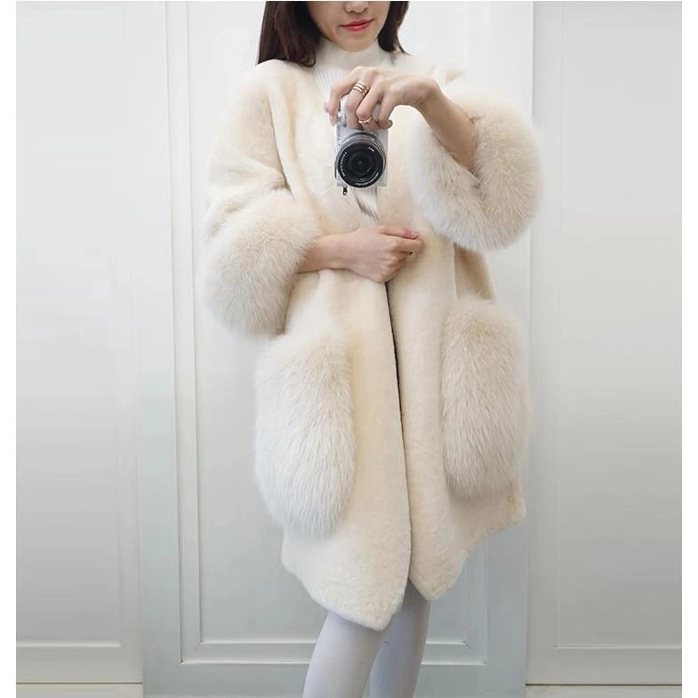 Женское пальто, длинное пальто из искусственного лисьего меха, манто Fourrure Femme Hiver Casacos Feminino Bontjas Kawaii, корейское - Цвет: Beige