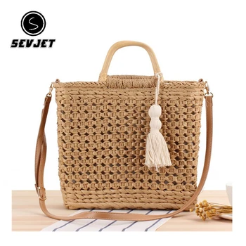 

Summer Straw Bags Handmade Basket Beach Bag Raffia Rattan Woven Handbags Bohemian Casual Round Tote Bags For Holiday C883
