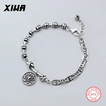 

XIHA Soild 925 Sterling Silver Bracelets Chain Link Round Disc Tag Star Charm Bracelet for Women Korean Style Vintage Jewelry