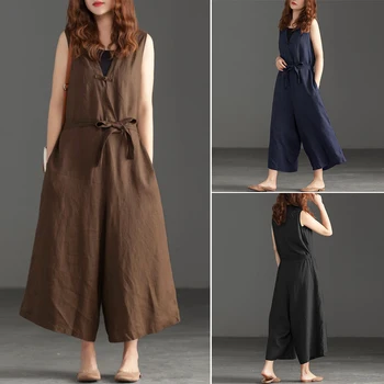 

ZANZEA Summer Elegant Jumpsuits Women V Neck Sleeveless Rompers Wide Leg Pants Cotton Overalls Casual Work OL Playsuits S-5XL