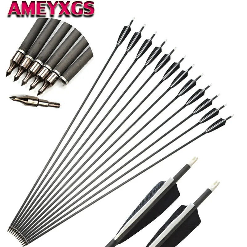 12X 31''Carbon Arrows SP500 W/ Turkey Feather F Bow Hunting Archery Practice 