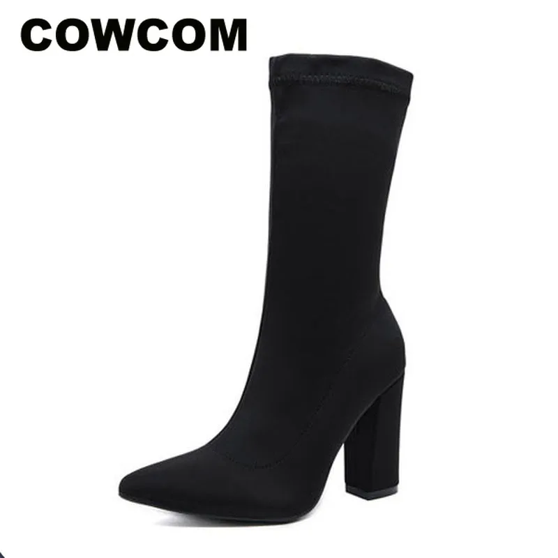 COWCOM/осень-зима 2009 г. Модные ботинки на шнуровке грубые каблуки черная обувь на высоком каблуке зимние ботинки женские JXQ-5570