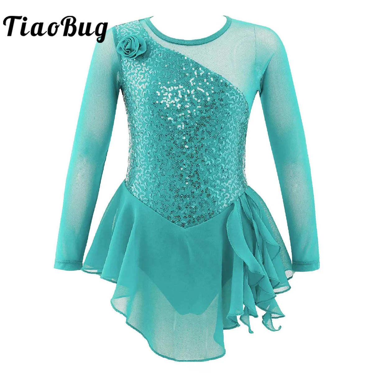 Girls Gymnastic Ballet Leotard Dress Kid Sequins Mesh Long Sleeves Tulle Splice Cutouts Back Figure Ice Skating | Тематическая