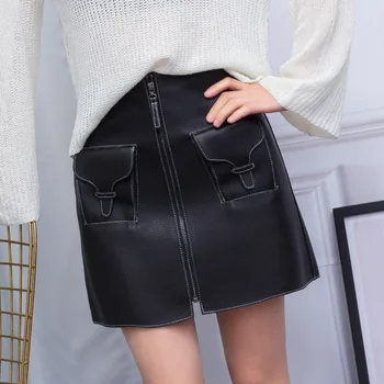 

Womens Genuine Leather Skirt Women Natural Real Sheepskin Ladies High Waist Runway High Quality Pockets Design Mini Short Skirts