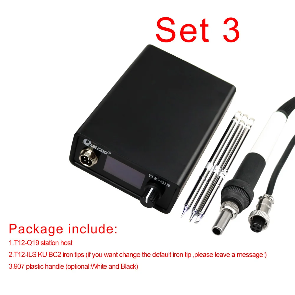 SET3 Паяльная станция OLED T12-Q19, совместимая с электронным питанием переменного/постоянного тока, с T12-907 пластиковой ручкой и наконечниками утюга T12 без вилки питания - Цвет: SET3