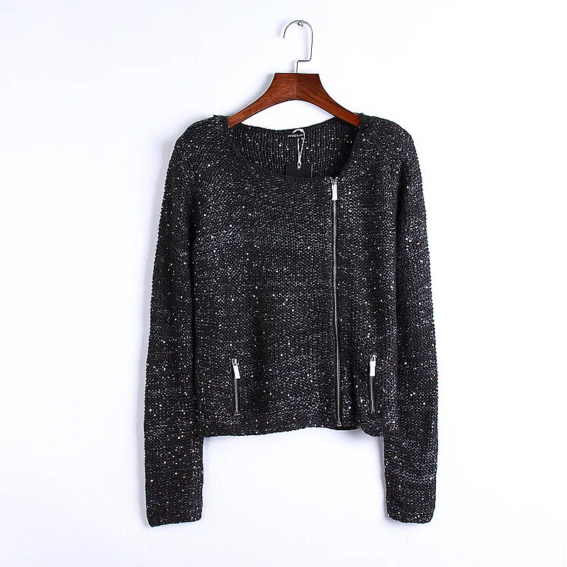 Big Sale~ Fashion Sequin Zipper Knitted Sweaters Cardigans Women Sweater Pullover Female Autumn Winter Solid Color Thin Coat |