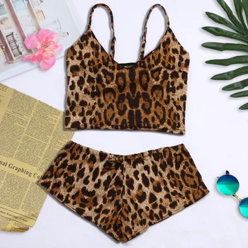

Women Leopard Pajama two piece Set Satin Sexy Sling Cropped Tube Tops Tank Shorts Sleepwear Pajama Sets For Ladies Pyjama #Y
