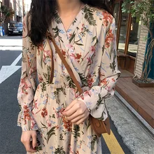 Весна, стиль, корейский стиль, женская одежда, элегантная, длинная, универсальная, винтажная, цветочный принт, v-образный вырез, основа, полное тело, Dr