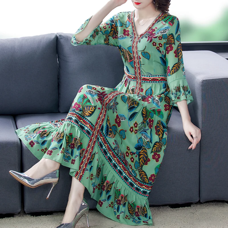 

2023 Elegant Floral Beach Maxi Sundress Spring Summer Boho Natural Silk Midi Dresses Women Bodycon Party Evening Vestidos