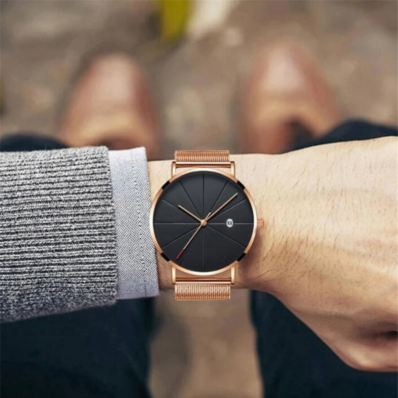 Ультра тонкий циферблат Мужские часы деловые простые кварцевые наручные часы для отдыха из нержавеющей сетки ремешок Дата Подарок Часы Relogio Masculino