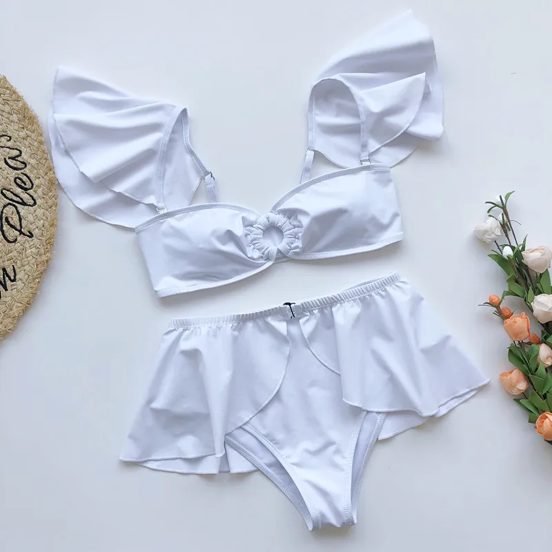 Ruffle Three Pieces Bikini High Waist Swimwear High Cut Swimsuit Belted Bathing Suit Ruched Beach Wear String Strap Biquini 2020 Ruffle Three Pieces Bikini High Waist Swimwear High Cut Swimsuit Belted Bathing Suit Ruched Beach Wear String Strap Biquini 2020