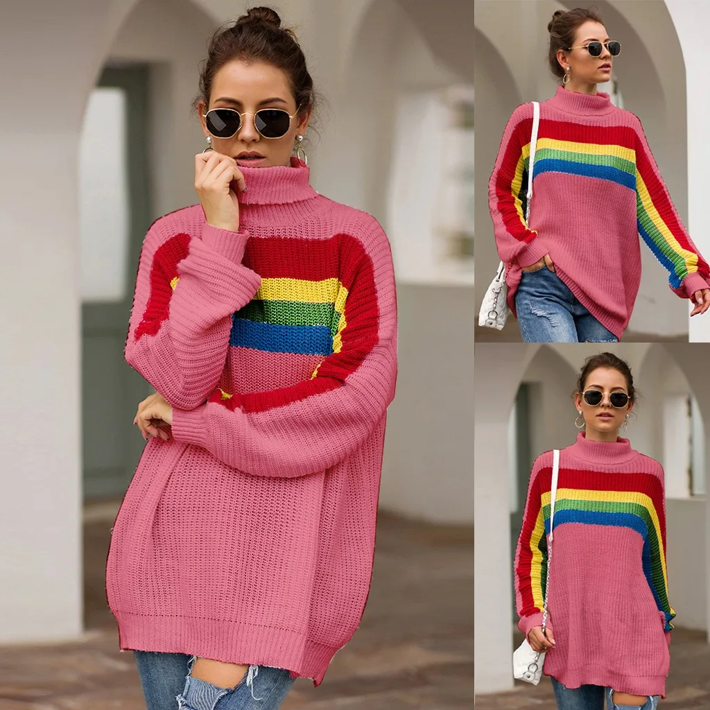 

Women's Turtleneck Loose Knitted Sweater Rainbow Long Sleeve Colorful Striped Sweater Hollow Out Warm Women Sueter de mujer#G1