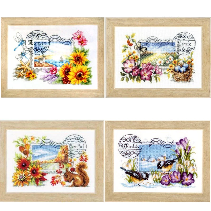 

Fishxx High Quality Printed on Fabric DMC Counted Chinese Cross Stitch Kits set Embroidery Needlework Home Four seasons postcard