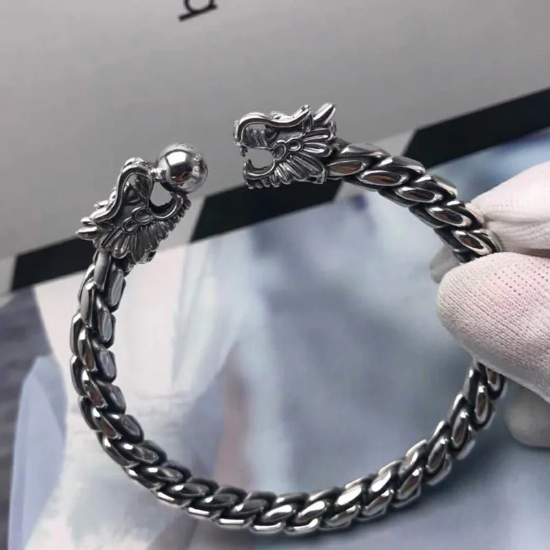 Твердое серебро 999 пробы 2 дракона 7,8 мм Винт Открытый браслет для мужчин браслет Викинг Винтаж Панк Рок тайское серебро ювелирные изделия S925