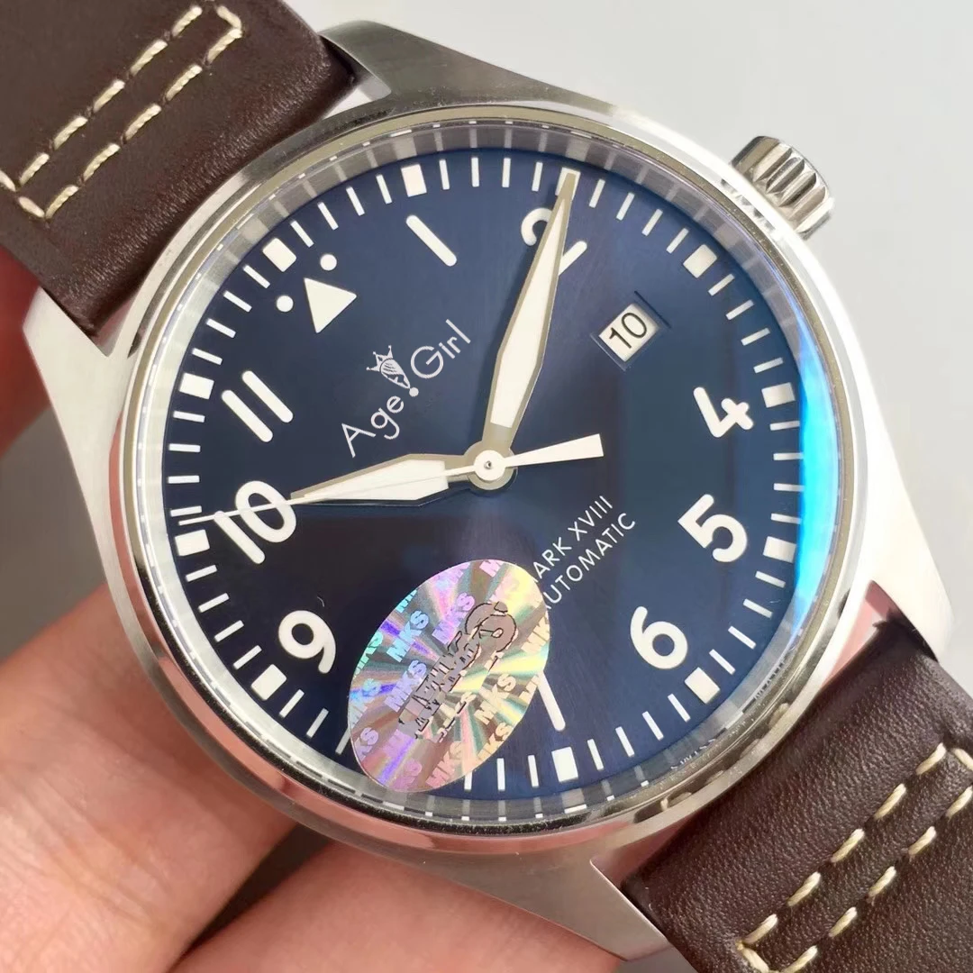 

Luxury Brand New Men Automatic Mechanical Pilot MARK XVIII Brown Leather Stainless Steel Sapphire Blue Dial Watch AAA+