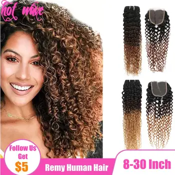 

Hot Wave Remy Brazilian Human Hair Weave Bundles With Closure Extension for Women Ombre Kinky Afro Curly Black Brown Gold Golden