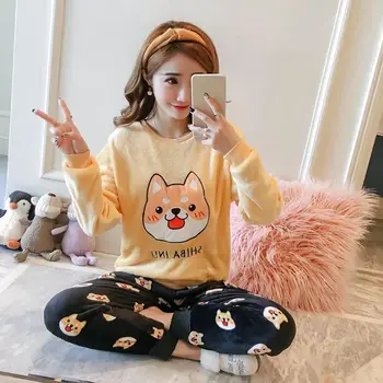 

Women Spring Sweet Sleepwear Round Collar Cute Cartoon Print Coral Fleece Long Sleeved Kawaii Ladies Pajama Set Nightwear