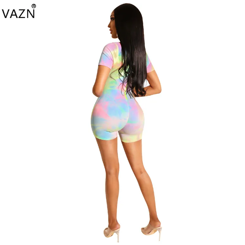 VAZN QM3813 Hot Hollow Out Untidy Sexy Club Upsurge Turtleneck Short Sleeve High Waist Elastic Women Mini Jumpsuits